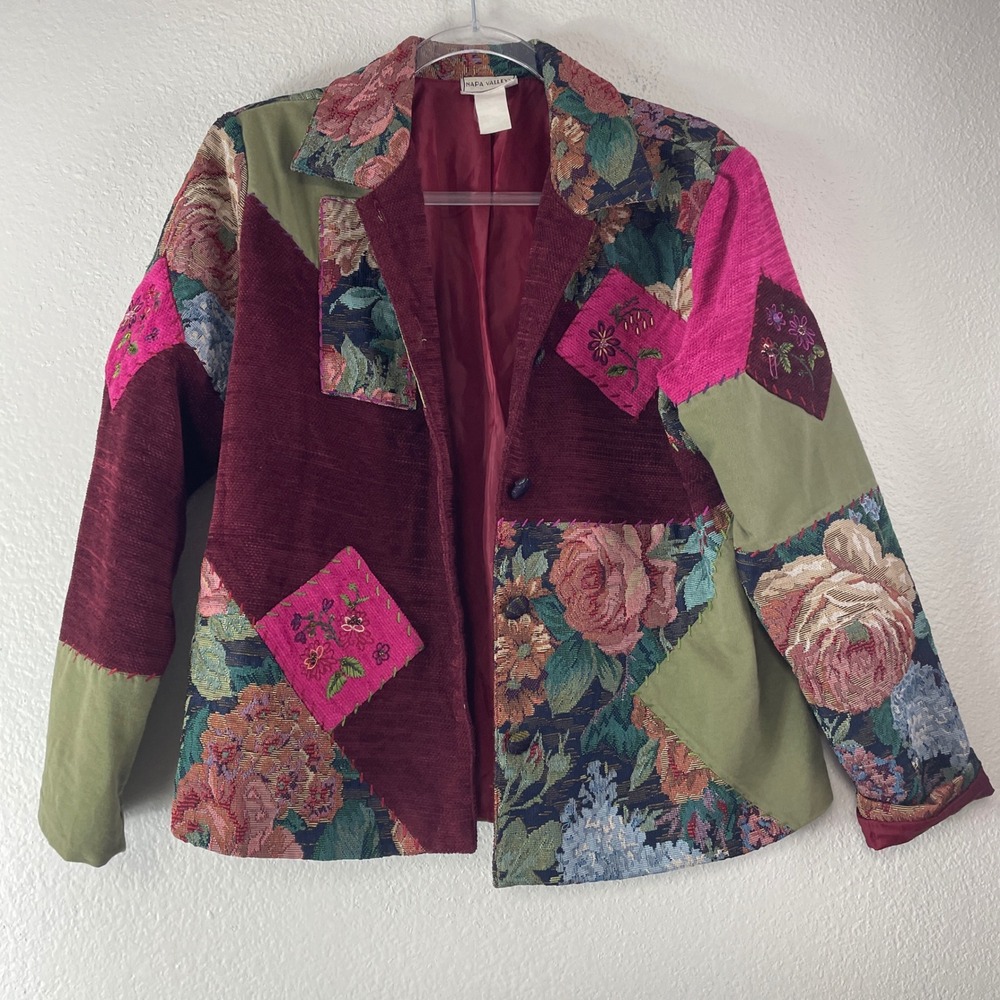 VTG Napa Valley Patchwork Floral Tapestry Corduroy Jacket M Cottage Grandma Boho